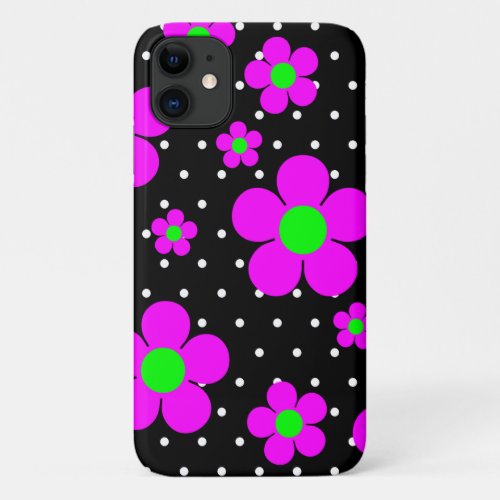Mod Pink Daisies  Polka Black  White Polka Dots iPhone 11 Case