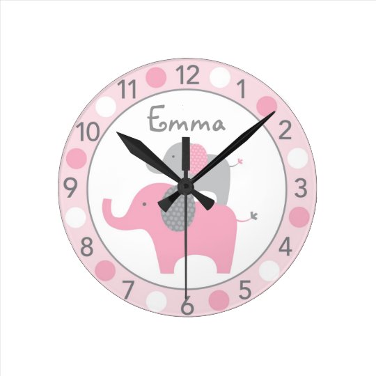 Mod Pink Elephant Personalized Nursery Wall Clock