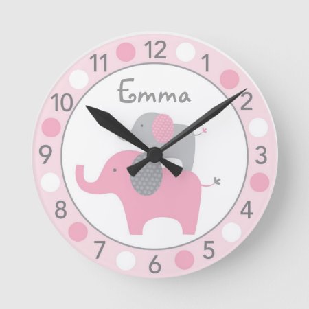 Mod Pink Elephant Personalized Nursery Wall Clock