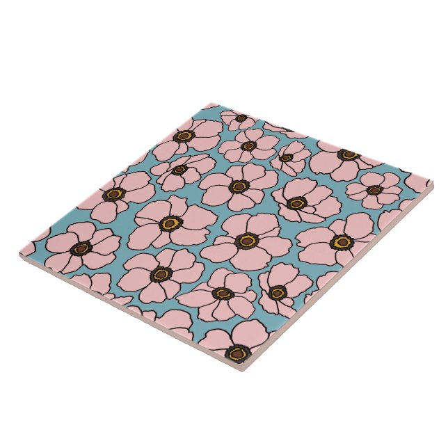 Mod Pink Flowers On Blue  Ceramic Tile (Side)