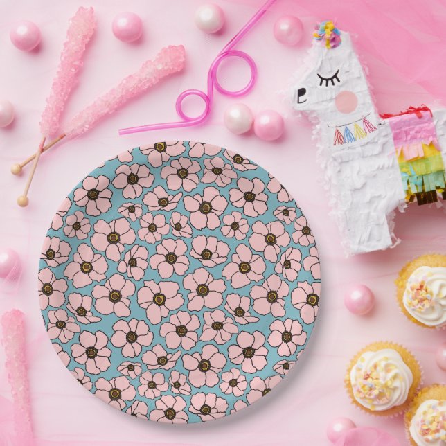 Mod Pink Flowers On Teal Blue Paper Plates (Party)