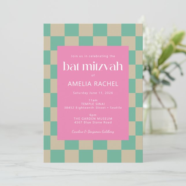 Mod Pink Mint Green Checkerboard Bat Mitzvah  Invitation (Standing Front)