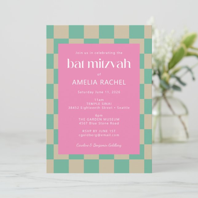 Mod Pink Mint Green Checkerboard Bat Mitzvah RSVP Invitation (Standing Front)