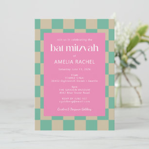 Mod Pink Mint Green Checkerboard Bat Mitzvah RSVP Invitation