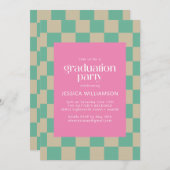 Mod Pink Mint Green Checkerboard Graduation Party Invitation (Front/Back)