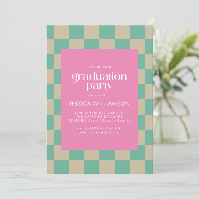 Mod Pink Mint Green Checkerboard Graduation Party Invitation (Standing Front)
