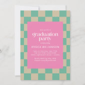 Mod Pink Mint Green Checkerboard Graduation Party Invitation (Front)