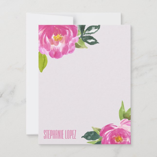 Mod Pink Peonies  Personalized Stationery Note Card (Front)