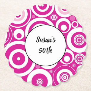 Mod Pink White Concentric Retro Circles 50th Bday Paper Coaster