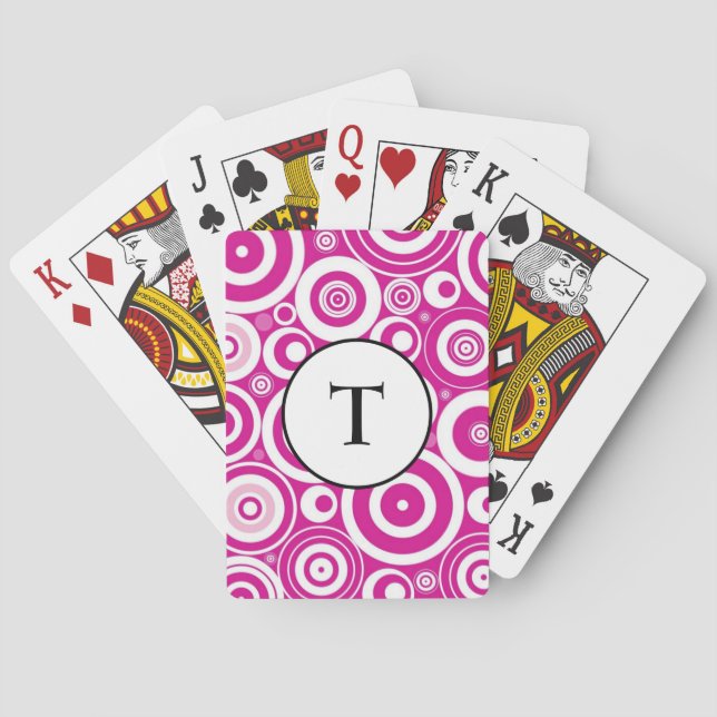 Mod Pink & White Concentric Retro Circles Initial Poker Cards (Back)