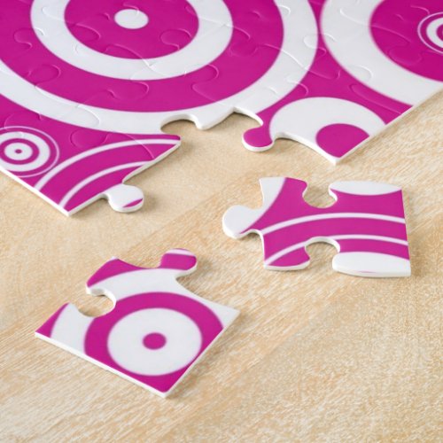 Mod Pink  White Concentric Retro Circles Jigsaw Puzzle