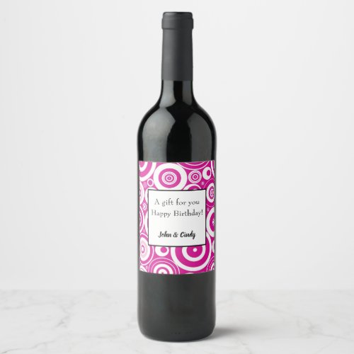 Mod Pink  White Concentric Retro Circles Wine Label