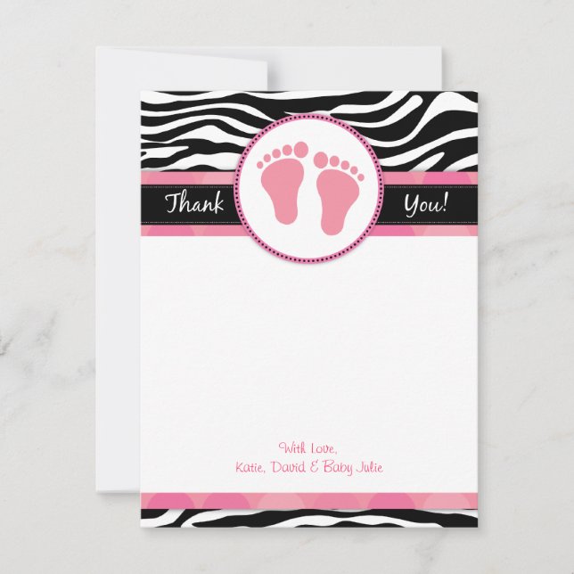 Mod Pink Zebra Baby Shower Thank You Notes (Front)