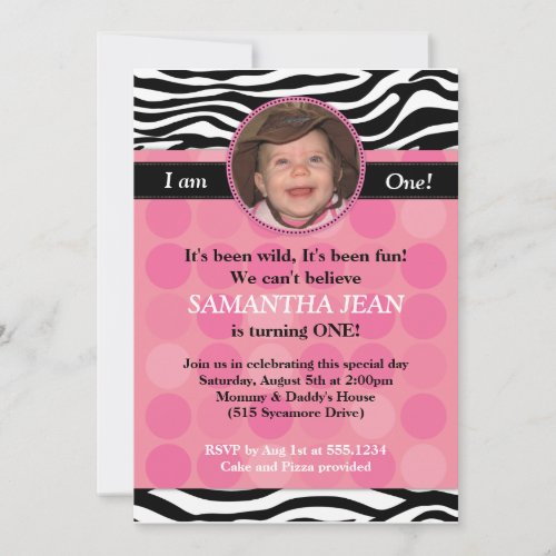 Mod Pink Zebra PHOTO Birthday Invitation