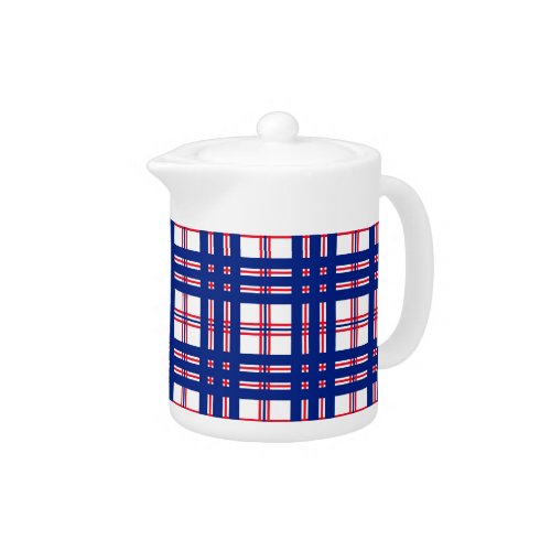 Mod Plaid Pattern Red White Blue Teapot