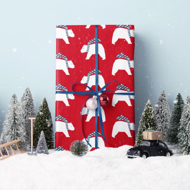 Mod Polar Bears- Red- Christmas Wrapping Paper (Up your gifting game this year with this "Modern Polar Bear" gift wrap! By Clearlytangled Studio.)