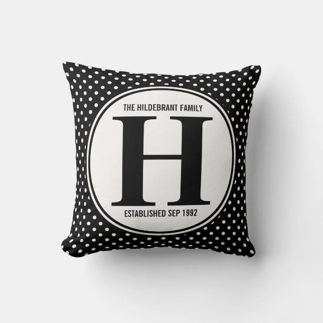 Mod Polka Dots Family Monogram Throw Pillow (Front)