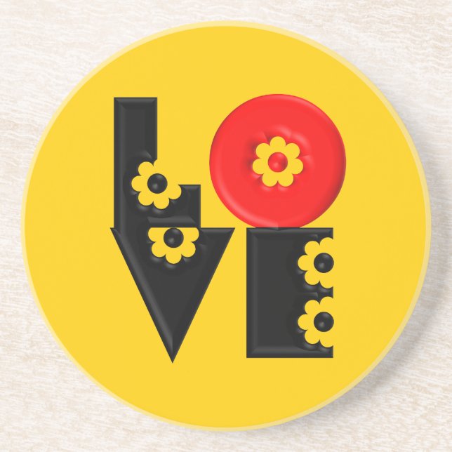 Mod Pop Puffy Floral LOVE Square Sandstone Coaster (Front)