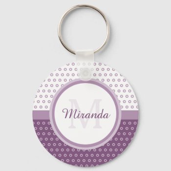 Mod Purple And White Polka Dots Monogram With Name Keychain by ohsogirly at Zazzle