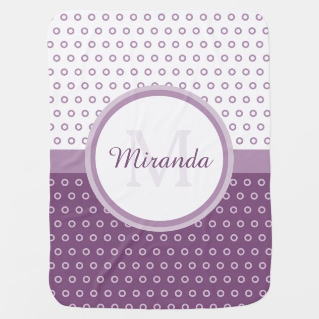 Mod Purple and White Polka Dots Monogram With Name Stroller Blanket (Front)