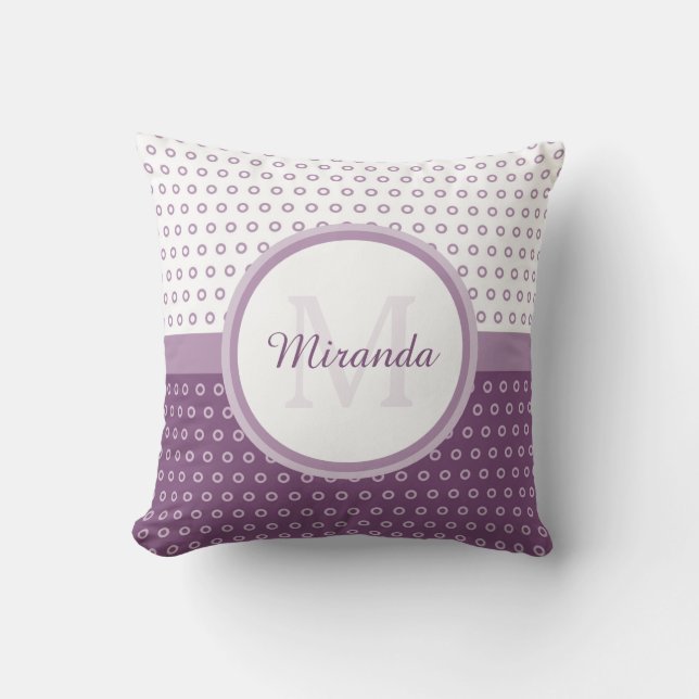 Mod Purple and White Polka Dots Monogram With Name Throw Pillow (Front)