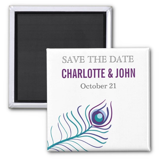 Mod purple, teal blue peacock save the Date Magnet (Front)