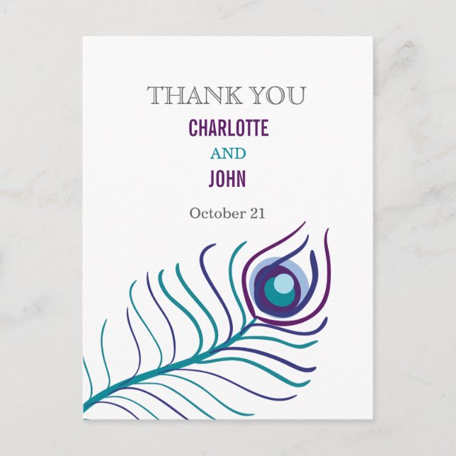 Mod purple, teal blue peacock Thank You notes (Front)