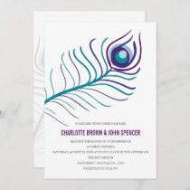 Mod purple, teal blue peacock wedding invitations