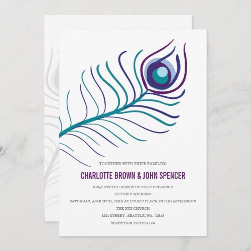 Mod purple teal blue peacock wedding invitations