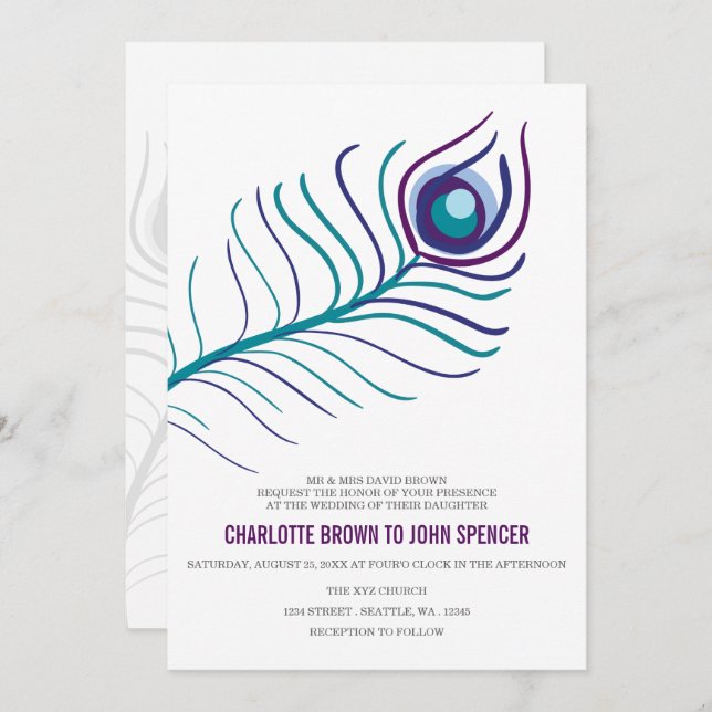Mod purple, teal blue peacock wedding invitations (Front/Back)
