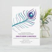 Mod purple, teal blue peacock wedding invitations (Standing Front)