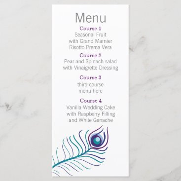 Mod purple, teal blue peacock Wedding menu
