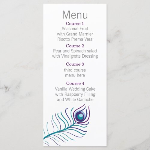 Mod purple teal blue peacock Wedding menu