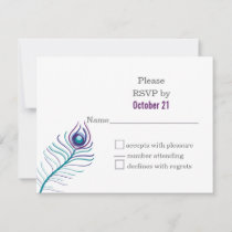 Mod purple, teal blue peacock wedding RSVP cards
