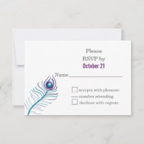Mod purple, teal blue peacock wedding RSVP cards