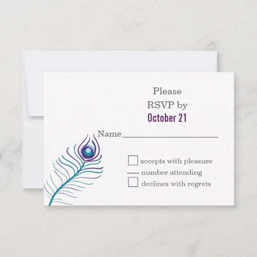 Mod purple teal blue peacock wedding RSVP cards