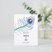 Mod purple, teal blue peacock wedding rsvp invitation postcard (Standing Front)