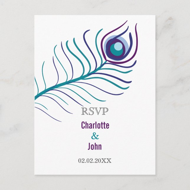 Mod purple, teal blue peacock wedding rsvp invitation postcard (Front)