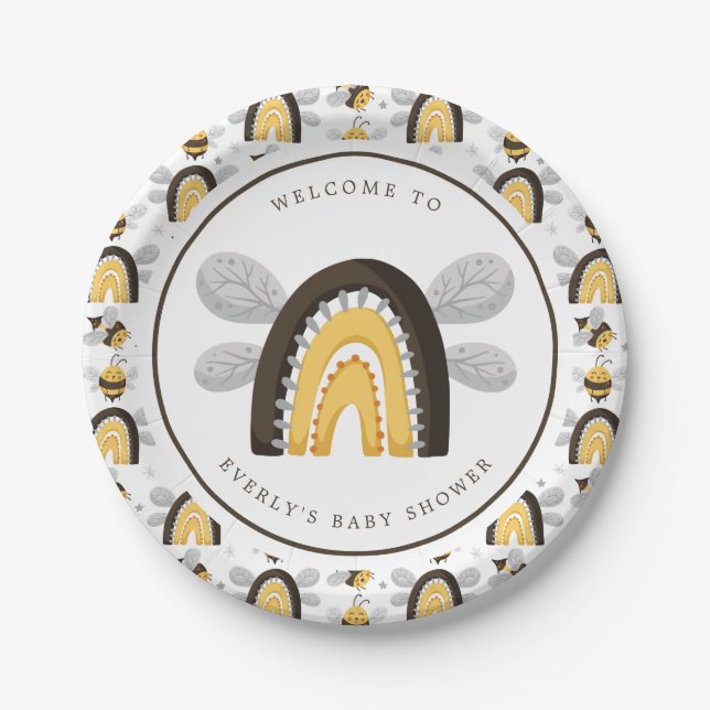 Mod Rainbow Bumblebee Bee Baby Shower Paper Plates (Front)