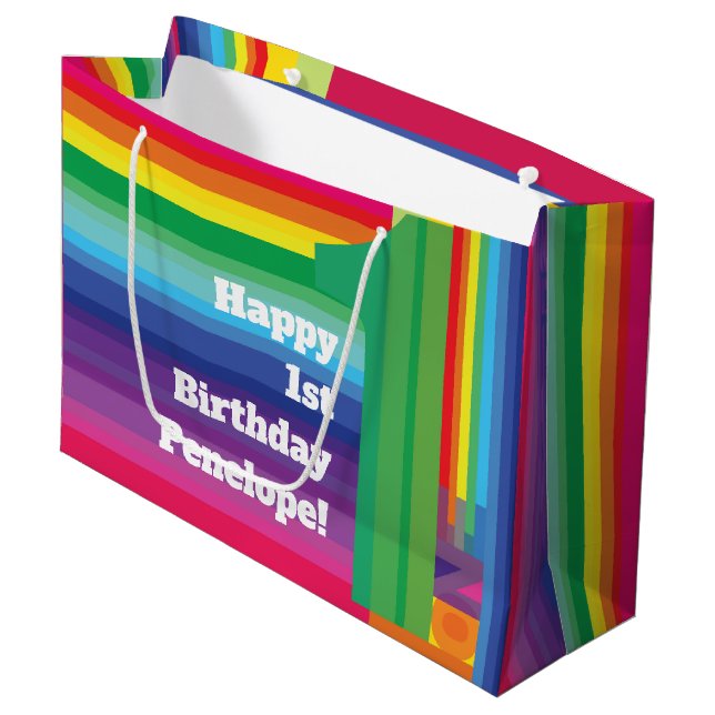 Mod Rainbow Colorful 1st Birthday Party Large Gift Bag (Front Angled)