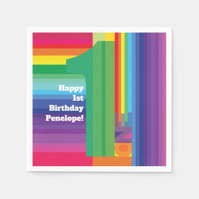 Mod Rainbow Colorful 1st Birthday Party Napkins (Front)