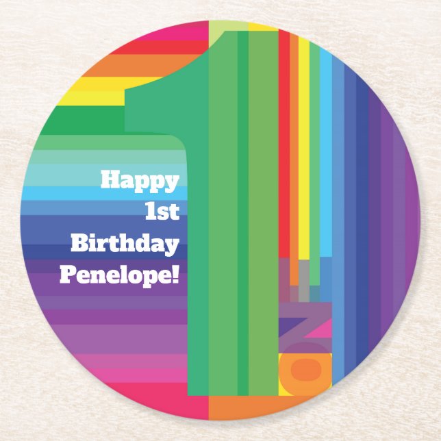 Mod Rainbow Colorful 1st Birthday Party Round Paper Coaster (Front)