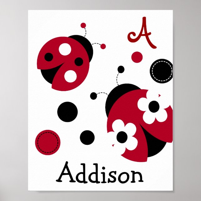 Mod Red Ladybug Nursery Wall Art Name Print (Front)