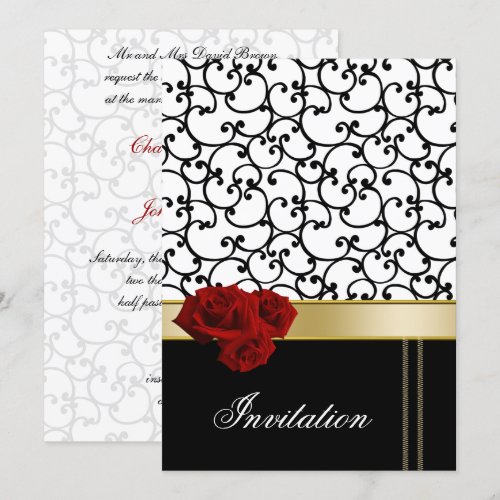 mod red roses damask wedding invitation