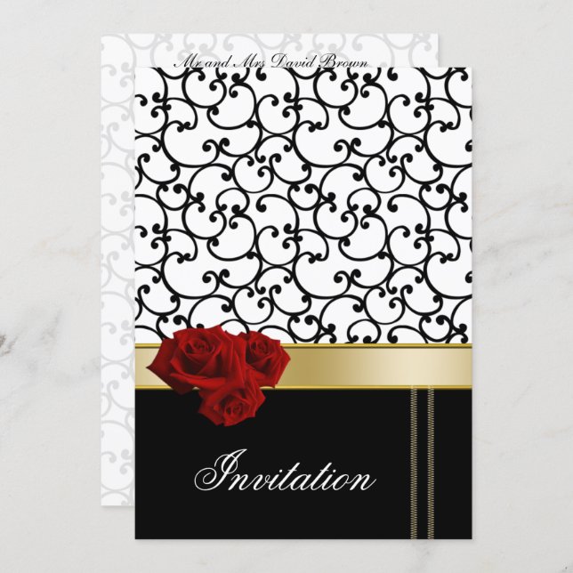 mod red roses damask wedding invitation (Front/Back)