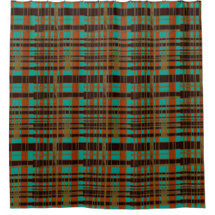 Mod Retro Asymmetrical Tartan Pattern Copper Teal Shower Curtain