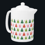 Mod Retro Mid Century Christmas Trees Green & Pink Teapot<br><div class="desc">A retro-style mid-century Christmas tree pattern with with triangles, stars, snowflakes and diagonal stripes. Colors include; red, green, pink and white. A great stocking stuffer gift for mid century modern design lovers.</div>
