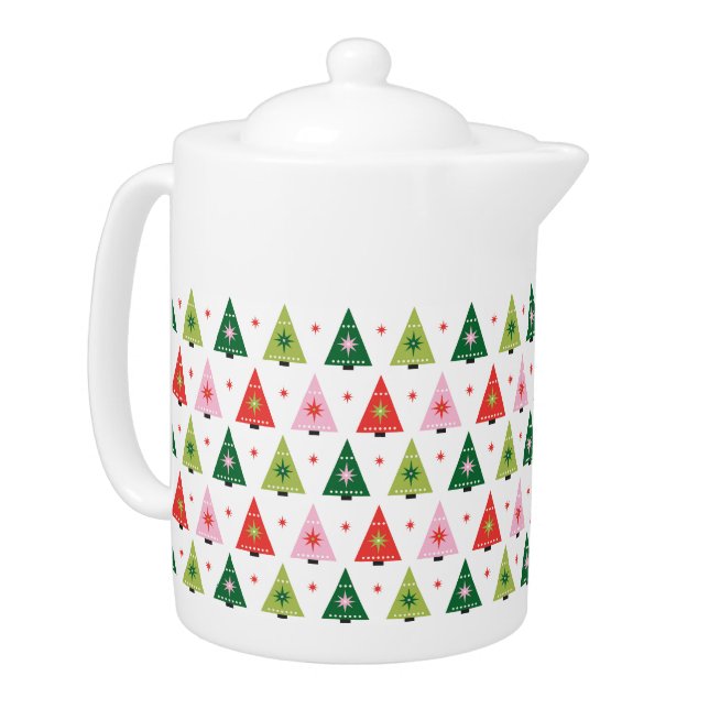 Mod Retro Mid Century Christmas Trees Green & Pink Teapot (Left)
