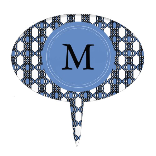 Mod Retro Monogram Blue Abstract Scarab Pattern Cake Topper