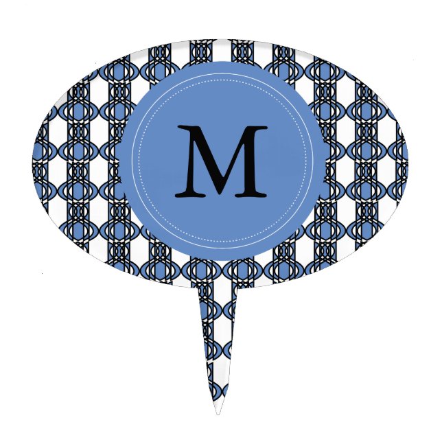 Mod Retro Monogram Blue Abstract Scarab Pattern Cake Topper (Front)